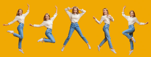 Collage of cheerful teen girl jumping in air Collage of cheerful teen girl jumping in air on orange background, panorama continuity photos stock pictures, royalty-free photos & images