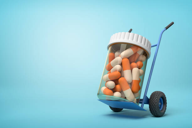 3d rendering of a plastic jar with medical pills on a hand truck on blue background - plastic chemical warehouse industry imagens e fotografias de stock
