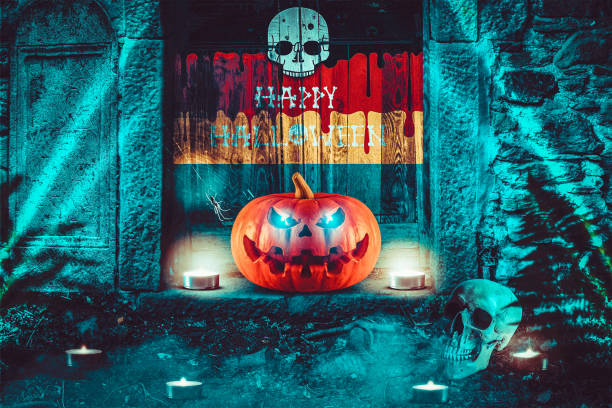 istock Halloween background with pumpkins. 1181608949