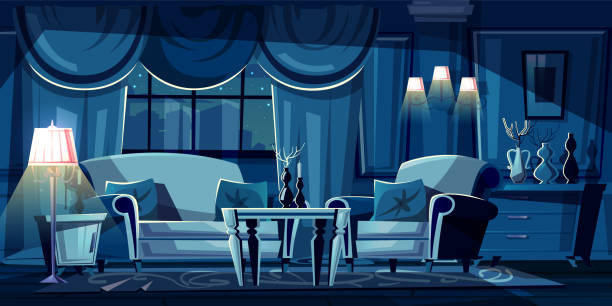 ilustrações, clipart, desenhos animados e ícones de sala de visitas dos desenhos animados do vetor na noite, interior - chandelier residential structure living room sofa