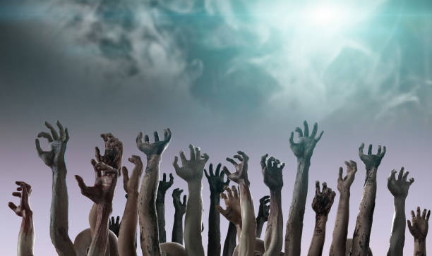 istock crowd of stretched zombie hands halloween theme, render 3D 1181609100