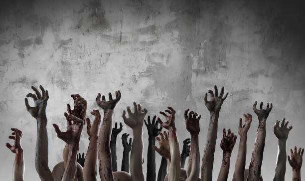 istock crowd of stretched zombie hands halloween theme, render 3D 1181609101