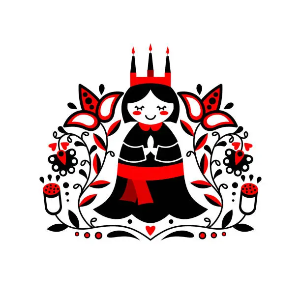 Vector illustration of Scandinavian folk art ornament with flowers and Saint Lucia on white background.