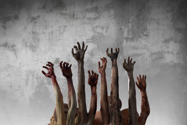 istock crowd of stretched zombie hands halloween theme, render 3D 1181609208