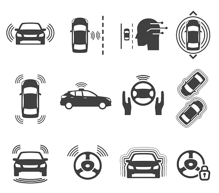 Autonomous smart car glyph icons vector set. Unmanned auto black silhouette illustrations. Automatic navigation vehicle symbols isolated on white. Driverless transportation cliparts collection