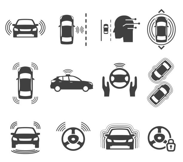 Autonomous smart car glyph icons vector set Autonomous smart car glyph icons vector set. Unmanned auto black silhouette illustrations. Automatic navigation vehicle symbols isolated on white. Driverless transportation cliparts collection car icons stock illustrations