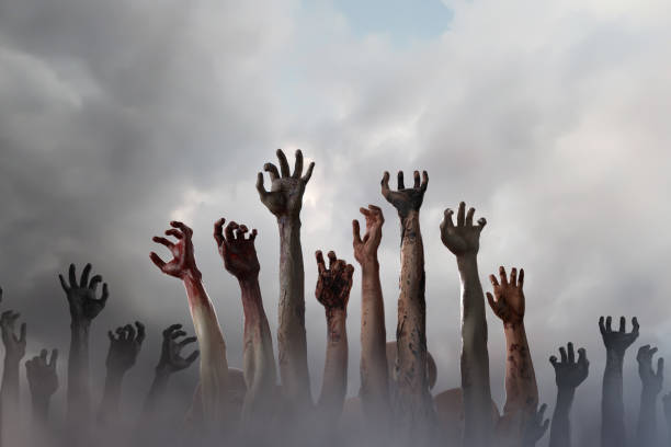 istock crowd of stretched zombie hands halloween theme, render 3D 1181609313