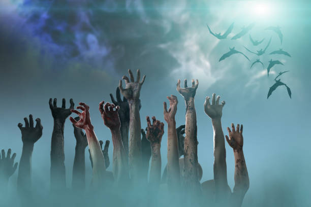 istock crowd of stretched zombie hands halloween theme, render 3D 1181609360