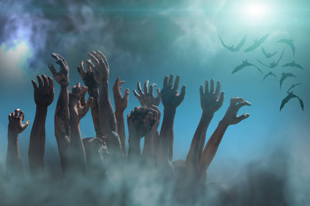 istock crowd of stretched zombie hands halloween theme, render 3D 1181609453