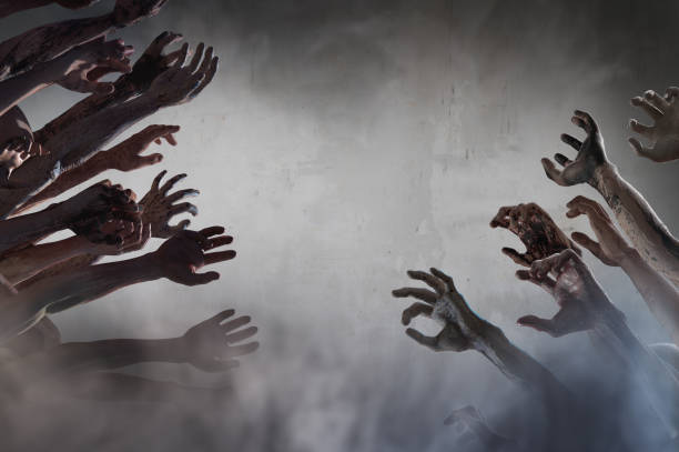 istock crowd of stretched zombie hands halloween theme, render 3D 1181609527