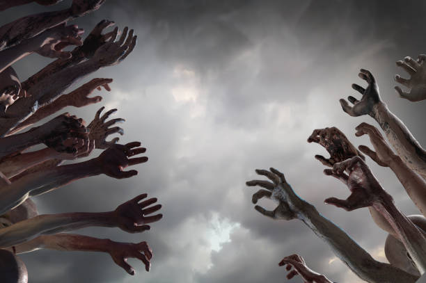 istock crowd of stretched zombie hands halloween theme, render 3D 1181610093