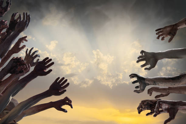 istock crowd of stretched zombie hands halloween theme, render 3D 1181610624