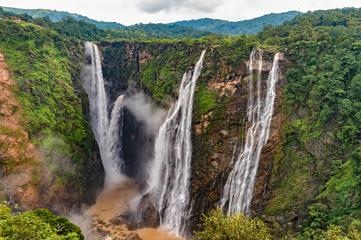 Mesmerizing view of the world famous Jog Falls in the Karnataka state of South India. The three falls are named Jog Falls, Rocket Falls and Roarer Falls and is always a treat to the eyes. The region falls in the Western Ghats of South India which is a UNESCO World heritage site as it is among the hottest biodiversity hotspot on the planet earth. This geography is very typical to all South India and neighboring islands and countries.