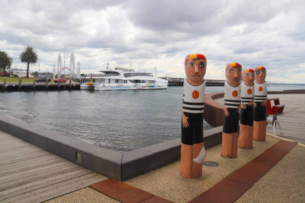 Geelong, Victoria - October 16 2019 View of the new Port Phillip Ferry vessel. Cunningham pier is in the background and the bollards are in the foreground.