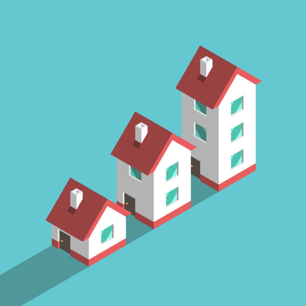 Three isometric houses, growth Three isometric houses, growth from small one-storeyed to big three-storeyed. Wealth, real estate, investment and construction concept. Flat design. Vector illustration, no transparency, no gradients large stock illustrations