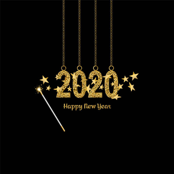 istock Happy New Year gold number 2020. Bright golden design with sparkle and Magic wand with 3d stars. Holiday glitter typography for Christmas banner, calendar, decoration, greeting card Vector illustration 1181614935