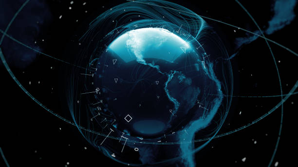 istock 3d render of globe. Digital background with planet surrounded with particles and arcs. 1181618497