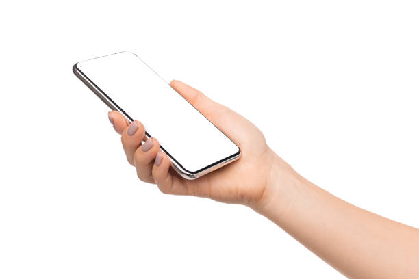 смартфон с пустым экраном в женских руках на белом фоне - white gift caucasian women стоковые фото и изображения