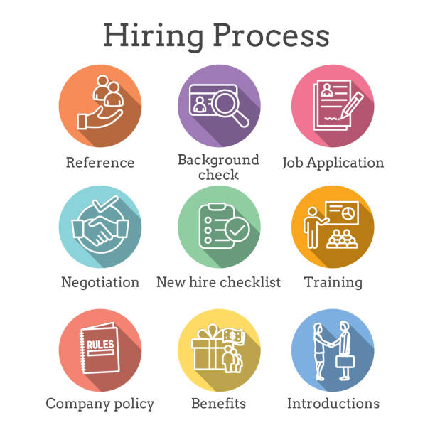 ilustrações de stock, clip art, desenhos animados e ícones de hiring process icon set with benefits, background check, introductions, etc - occupation handbook human resources recruitment