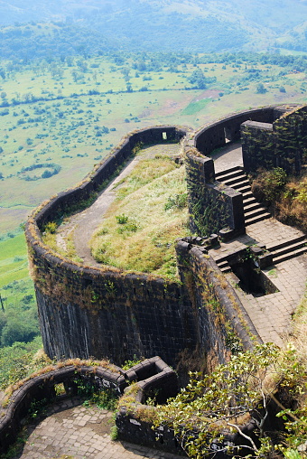 Top view of bastions of fort Lohagad, Malavali, Maharashtra. With a 2000 year old history and at 3400 ft high, Lohagad one of the majestic fort. Fort was built around 2000 B.C. in Satvahan Dynesty.