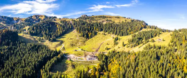 Brauneck Mountain in the Bavarian Alps. Karwendel, Germany. Aerial Panorama in autumn