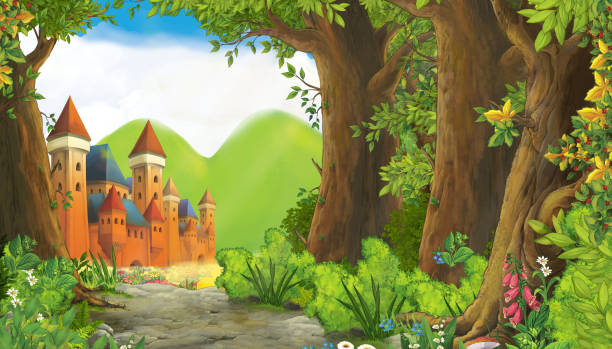ilustraciones, imágenes clip art, dibujos animados e iconos de stock de escena de la naturaleza de dibujos animados con hermoso castillo cerca del bosque - castle fairy tale palace forest