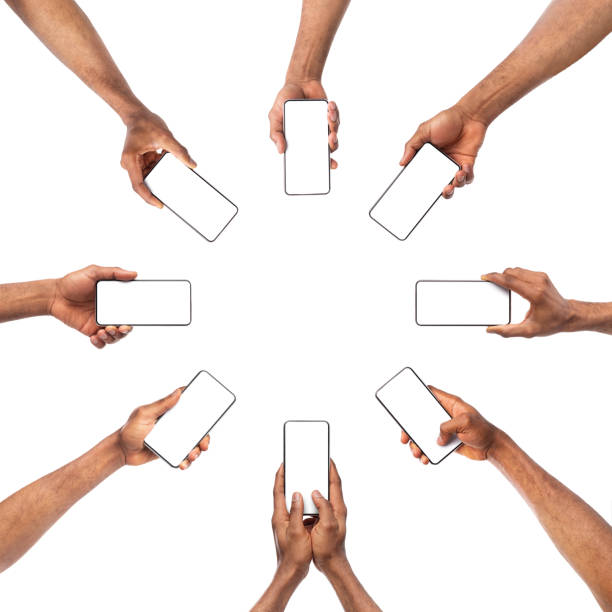 istock Collection of black male hands holding smartphone with empty screen 1181624274