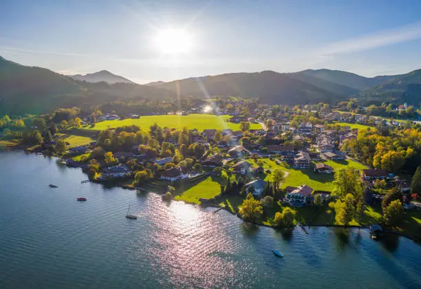 Beautyful Tegernsee Lake in Bavaria in Autumn. Aerial Drone Panorama Shot