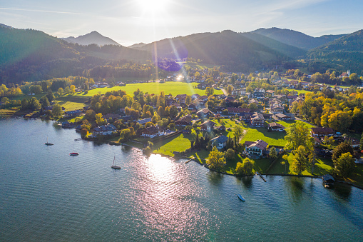 Beautyful Tegernsee Lake in Bavaria in Autumn. Aerial Drone Panorama Shot