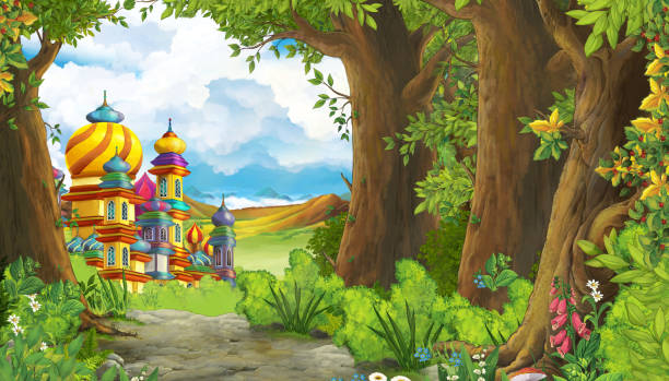 ilustraciones, imágenes clip art, dibujos animados e iconos de stock de escena de la naturaleza de dibujos animados con hermoso castillo cerca del bosque - castle fairy tale palace forest
