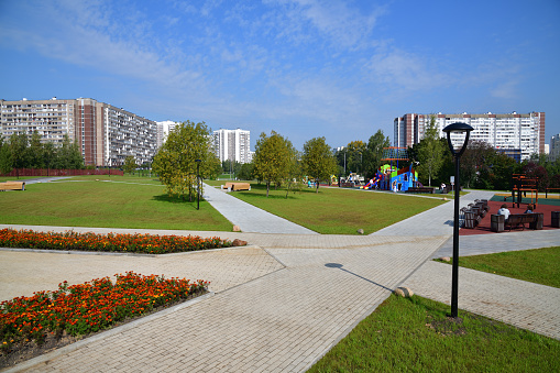 City landscape with boulevard in Zelenograd in Moscow, Russia