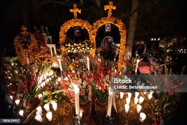 Celebration Of Mexican Day Of The Dead At Tzintzuntzan Cemetery In The Pátzcuaro Region Of Michoacán State Stock Photo - Download Image Now