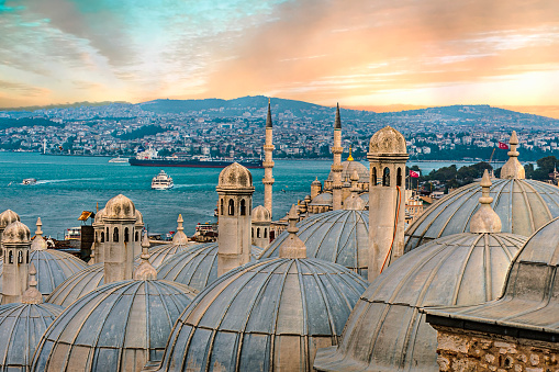 View from the Suleymaniye Mosque complex to the Golden Horn, Istanbul, Turkey. Sunset time
