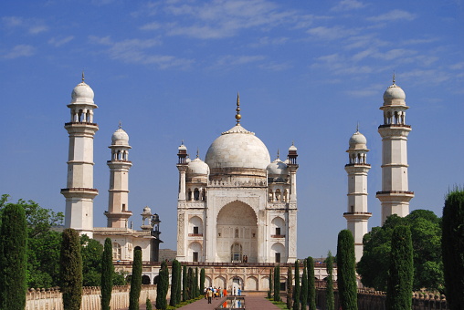 The Bibi-Ka-Maqbara. Aurangabad, Maharashtra, India.  The Bibi-Ka-Maqbara is a beautiful mausoleum of Rabia-ul-Daurani alias Dilras Banu Begum, the wife of the Mughal Emperor Aurangazeb (1658-1707 A.D.). This mausoleum is believed to be constructed by P