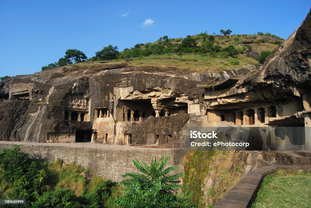 Jaina Caves 30 to 34, at the northern end Ellora Caves, Aurangabad, Maharashtra, India. The caves are datable from circa 6th - 7th century A.D. to 11th - 12th century A.D. In total, there are nearly 100 caves in the hill range out of which 34 caves are Ajanta Caves Stock Photo