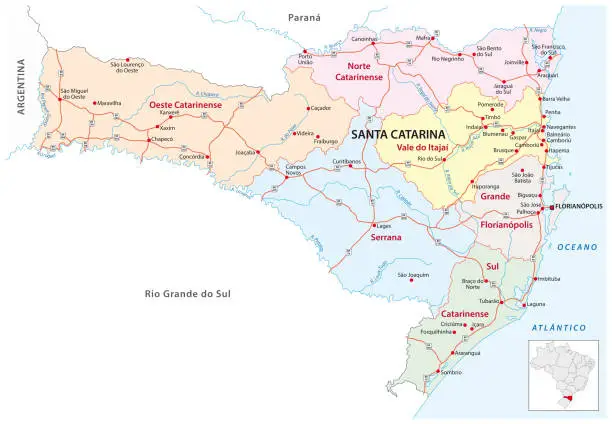 Vector illustration of santa catarina road and administrative map brazil