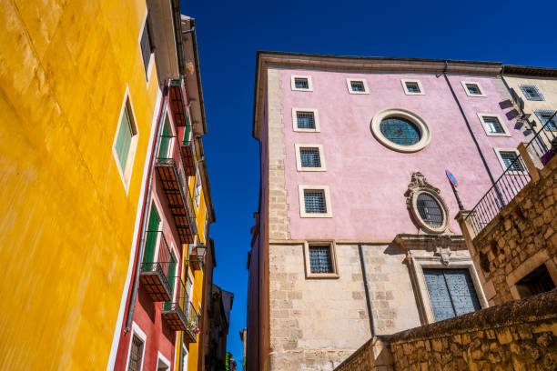 Cuenca colorful facades in Plaza Mayor Unesco World Heritage of Castile La Mancha in Spain