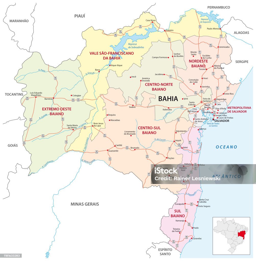 bahia strada e mappa amministrativa brasile - arte vettoriale royalty-free di Carta geografica