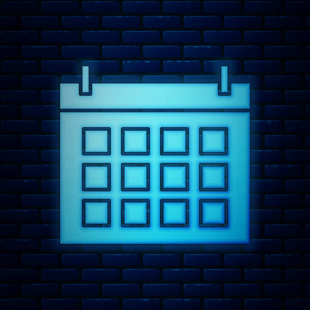 istock Glowing neon Calendar icon isolated on brick wall background. Event reminder symbol.  Vector Illustration 1181633513