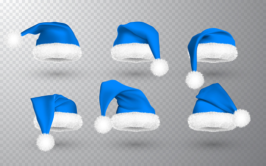 Blue Santa Claus hat isolated on transparent background. Gradient mesh Santa Claus cap with fur. Vector illustration.