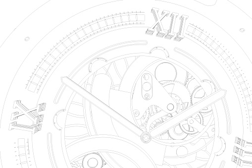 Abstaract 3d rendering illustration of watches with gears. Sketch looking outline lines.