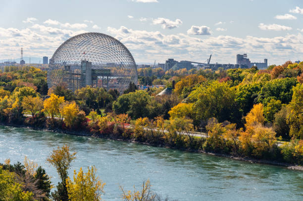 Montreal, CANADA - 15 October 2019: Biosphere & Saint-Lawrence River from Jacques-Cartier Bridge in the autumn season.
