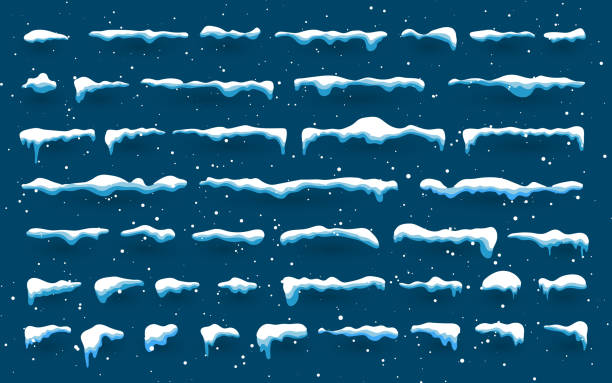zestaw czapek śnieżnych, śnieżek i zaspy śnieżnej. kolekcja wektorów pokrywy śnieżnej. element dekoracji zimowej. śnieżne elementy na zimowym tle. szablon kreskówki. ilustracji - snow capped mountain peaks stock illustrations