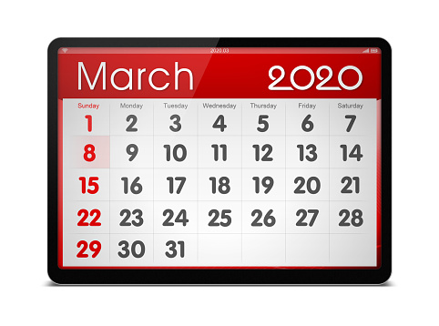 (Clipping path) March 2020 calendar on digital tablet isolated