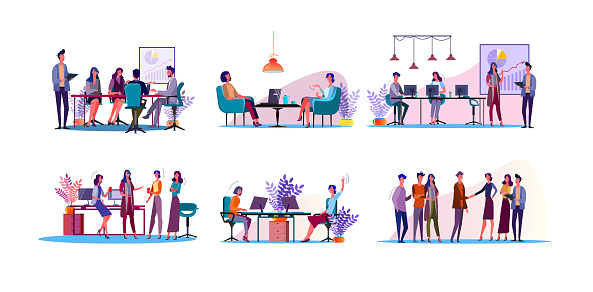 Corporate discussion illustration set. Colleagues meeting at table, discussing project at workplaces. Communication concept. Vector illustration for topics like business, partnership, teamwork