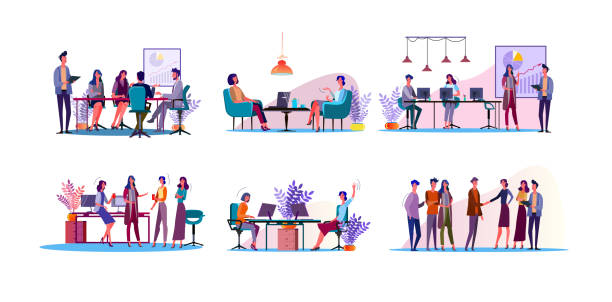 Corporate discussion illustration set Corporate discussion illustration set. Colleagues meeting at table, discussing project at workplaces. Communication concept. Vector illustration for topics like business, partnership, teamwork table illustrations stock illustrations