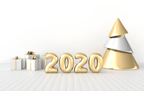 New year 2020 celebration interior background. Golden numerals 2020, poster frame, gift box and xmas tree. Realistic illustration for New Year's and Christmas banners. 3d render
