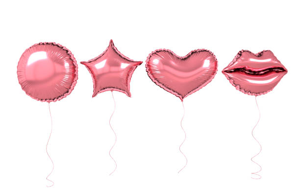 pink foil balloons isolated on white background. 3d render elements for birthday party, presentation. sphere, lips, heart and star shape - helium imagens e fotografias de stock