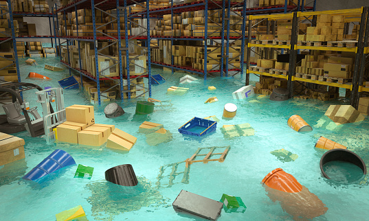 3d render image of an interior of a flooded warehouse with goods floating in water. concept of problems and crisis.