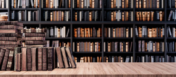 istock Bookshelves in the library with old books 3d render 1181643451